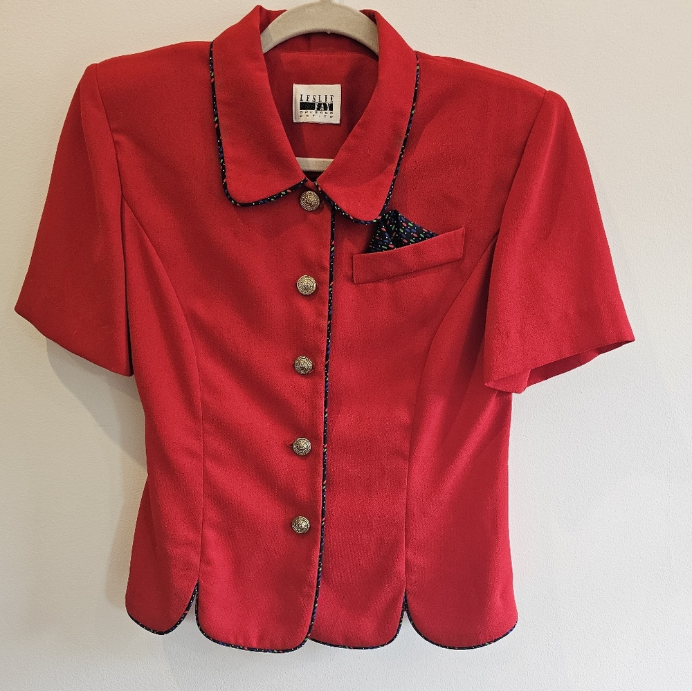 Vintage Leslie Fay Red, Short-Sleeve Button-Up with Navy Pocket Square